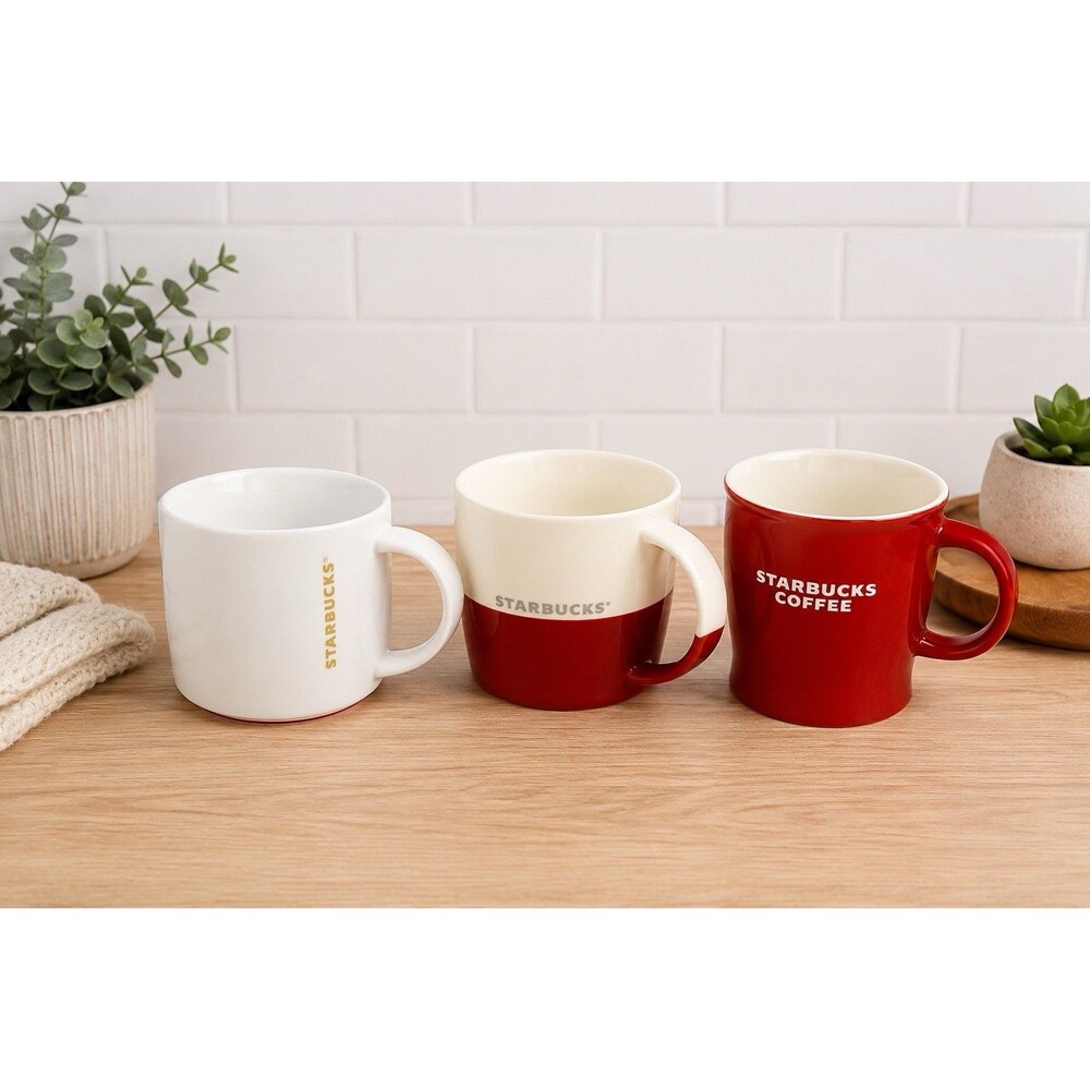 Starbucks Red White Coffee Mug Lot 3 Ceramic Cups 14oz 16oz Collectible